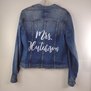 Talbot's women's denim jacket. Mrs.Hutchinson print on the back. Size (10P)